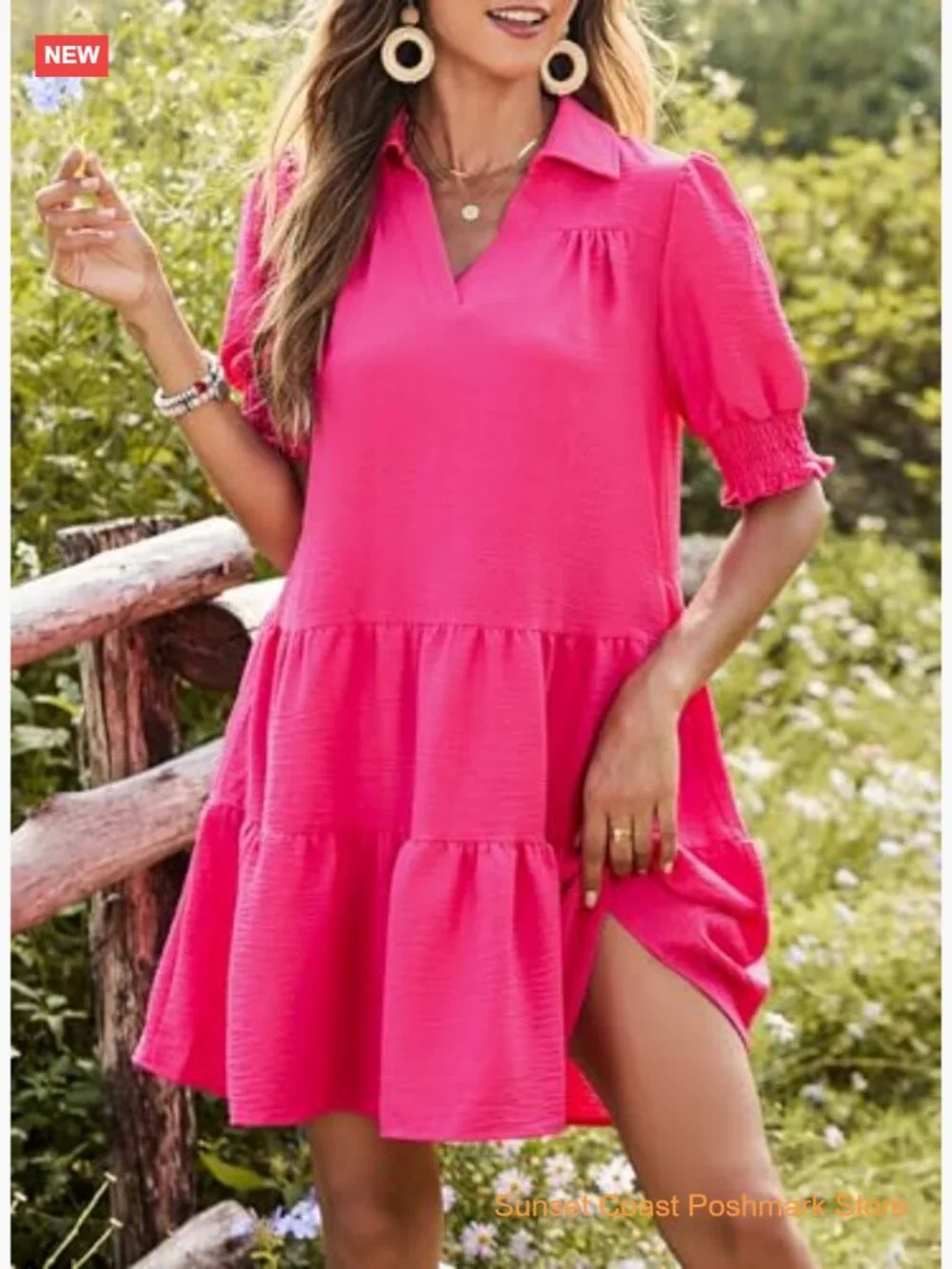 Womens Lapel V Neck Midi Dress Pleated A-Line Short Sleeve Summer Casual Pull On - Picture 2 of 7